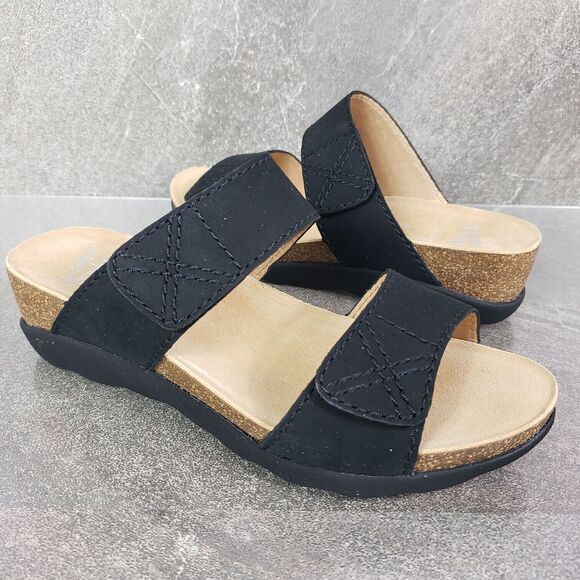 Dansko Sandals 38 Black Milled Nubuck Leather Wedge Slides
